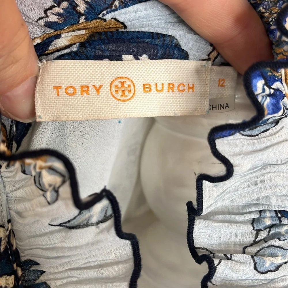 Tory Burch Blue & Cream Floral Ruffle-Trim Long Sleeve Dress